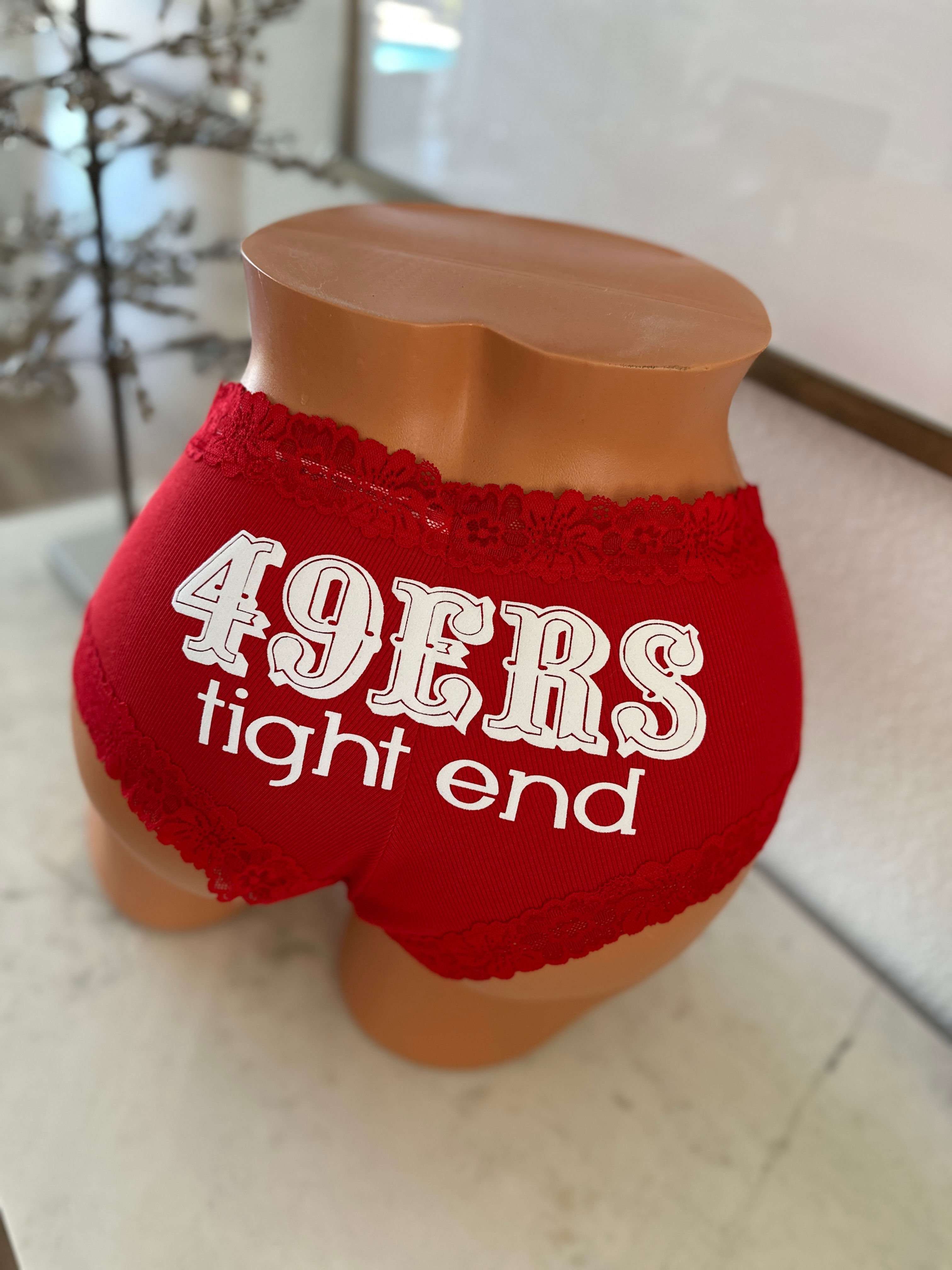 Red Panty with 49ers tight end on back in white glitter