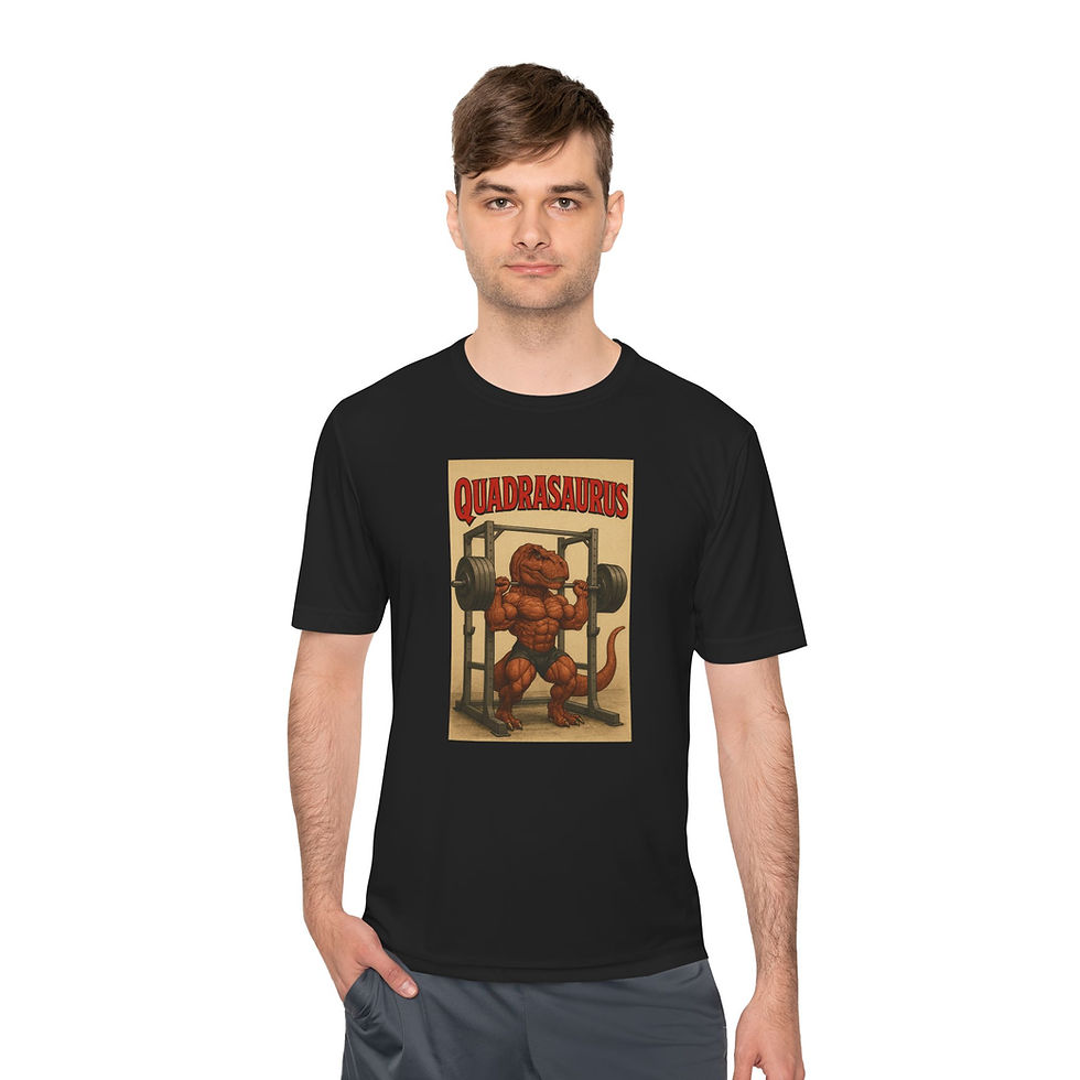 Thumbnail: Quadrasaurus Squatting Dino Workout Moisture Wicking Shirt