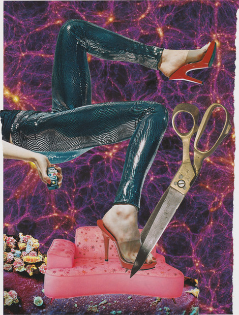 Collage showing a pair of legs wearing high-heeled shoes. A pair of scissors is cutting off part of one foot.