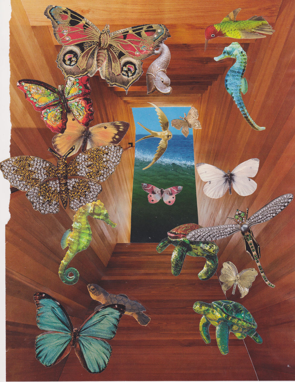 Collage showing butterflies and turtles flying toward an ocean.