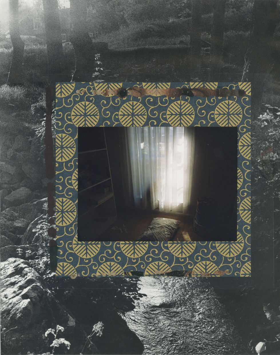 Collage showing a cat behind a curtain against a patterned background.