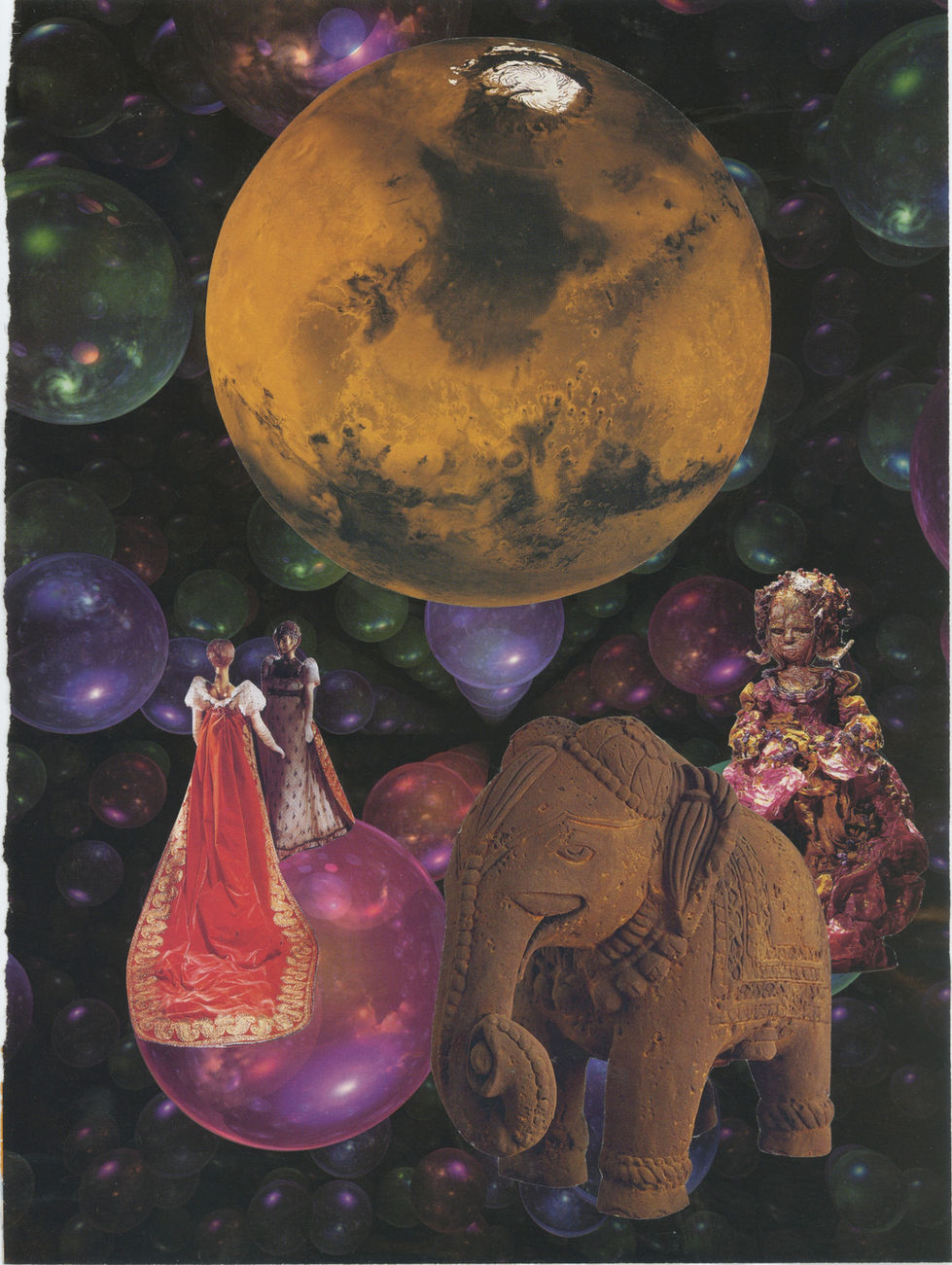 Collage showing a figure and its mirror image on the left and another figure behind an elephant on the right against a background of spheres.