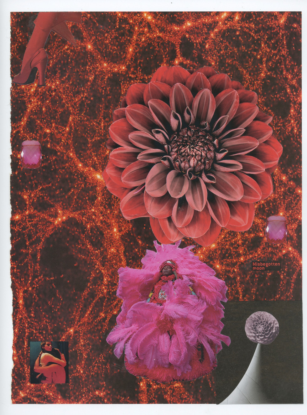 Collage showing a figure under a large flower against an abstract background. The colors are all vibrant reds and pinks. Text reads “Misbegotten Moon.”