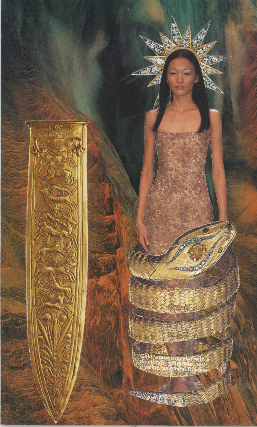 Collages showing a figure with a snake wrapped around their legs and a sword hilt.