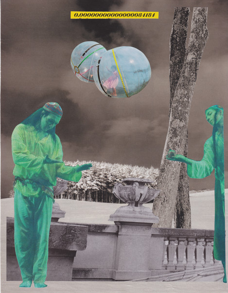 Collage showing two figures reaching toward each other. A child in a bubble floats in the sky against a winter background. The numeric mass of the proton is shown.