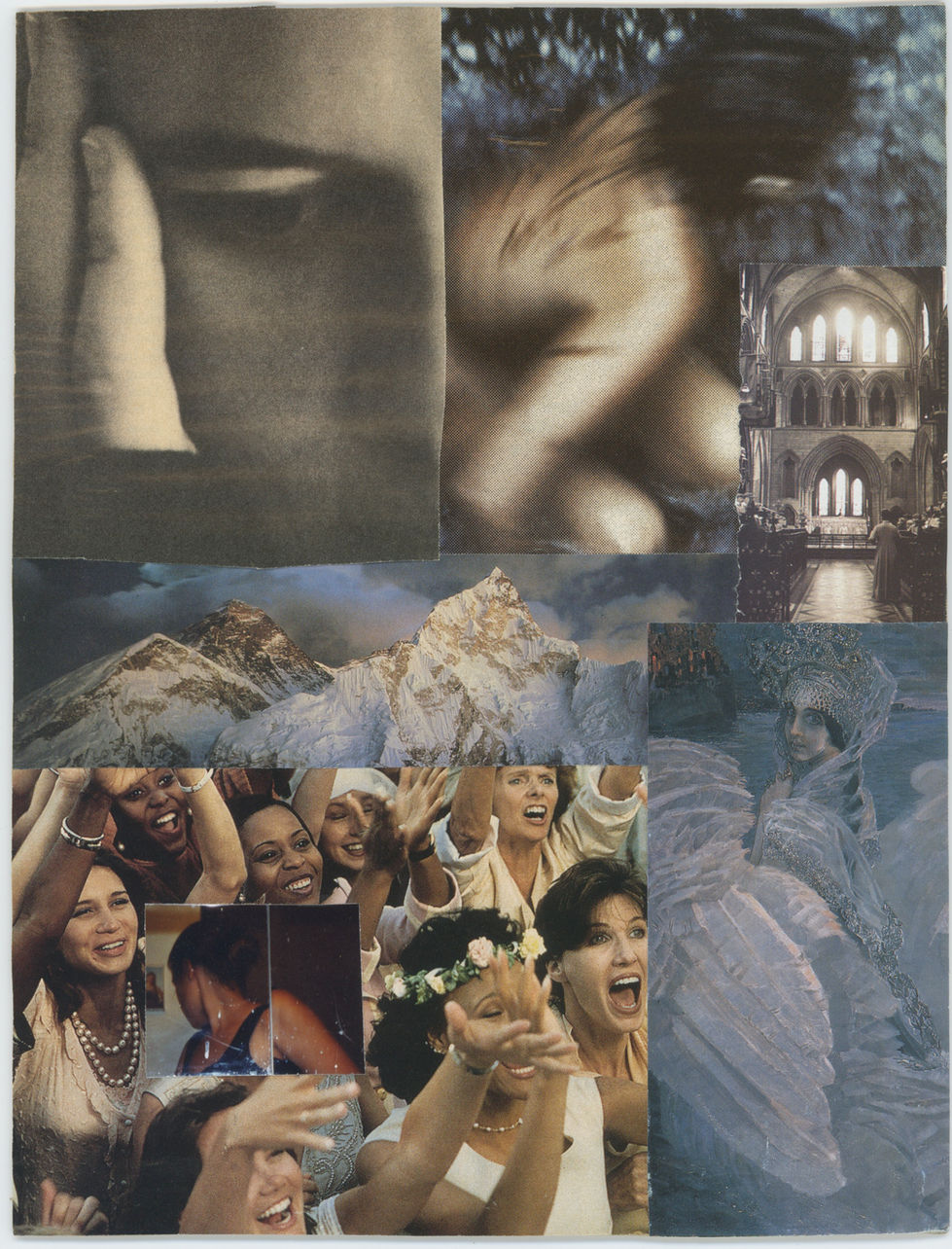 Collage showing a figure turning away from a cheering crowd, mountains, and wings.