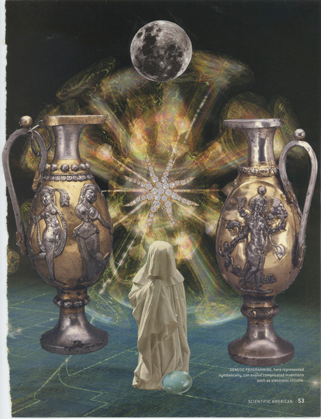 Collage showing a hooded figure kneeling between two urns against an abstract background.
