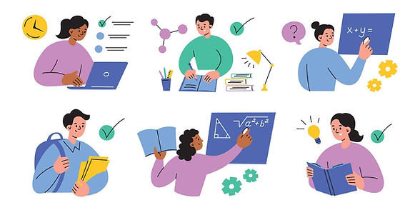 education-illustration-set-with-students-studying-reading-solving-math-problems-using-lapt