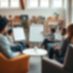 a creative team sitting in a comfortable creative space with lots of light with a facilita