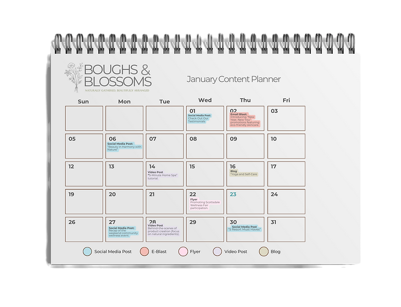 Social media content calendar and Instagram post example for Boughs & Blossoms showing monthly strategy and visual planning for small business marketing.