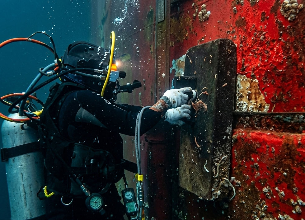Diver maintaining ship hull underwater