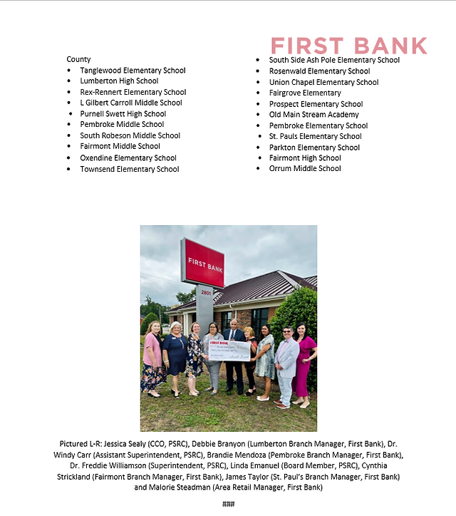 FIRST BANK TEACHES CHILDREN TO SAVE AND GIVES BACK TO ROBESON COUNTY SCHOOLS