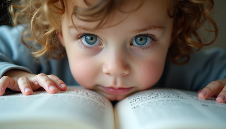 Eye-level view of a child’s eyes focusing on a book page