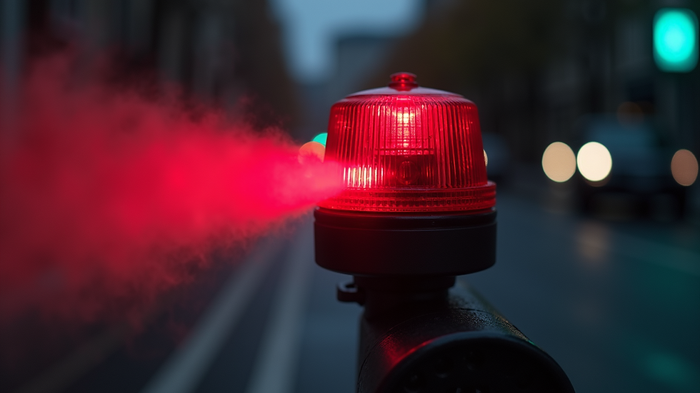 Eye-level view of emergency siren emitting a red light