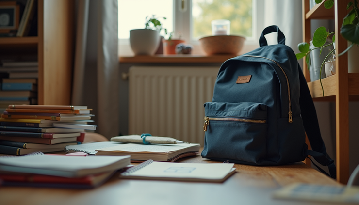 Eye-level view of a cluttered desk with scattered schoolbooks and a tired child’s backpack