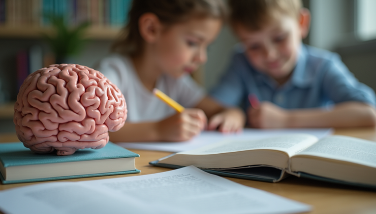Eye-level view of a child’s desk with scattered reading materials and a brain model
