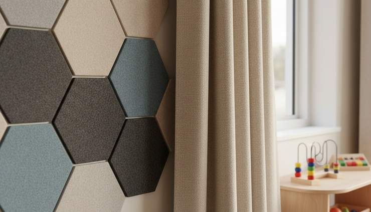 Close-up view of acoustic felt panels and a thick curtain along a learning room wall.