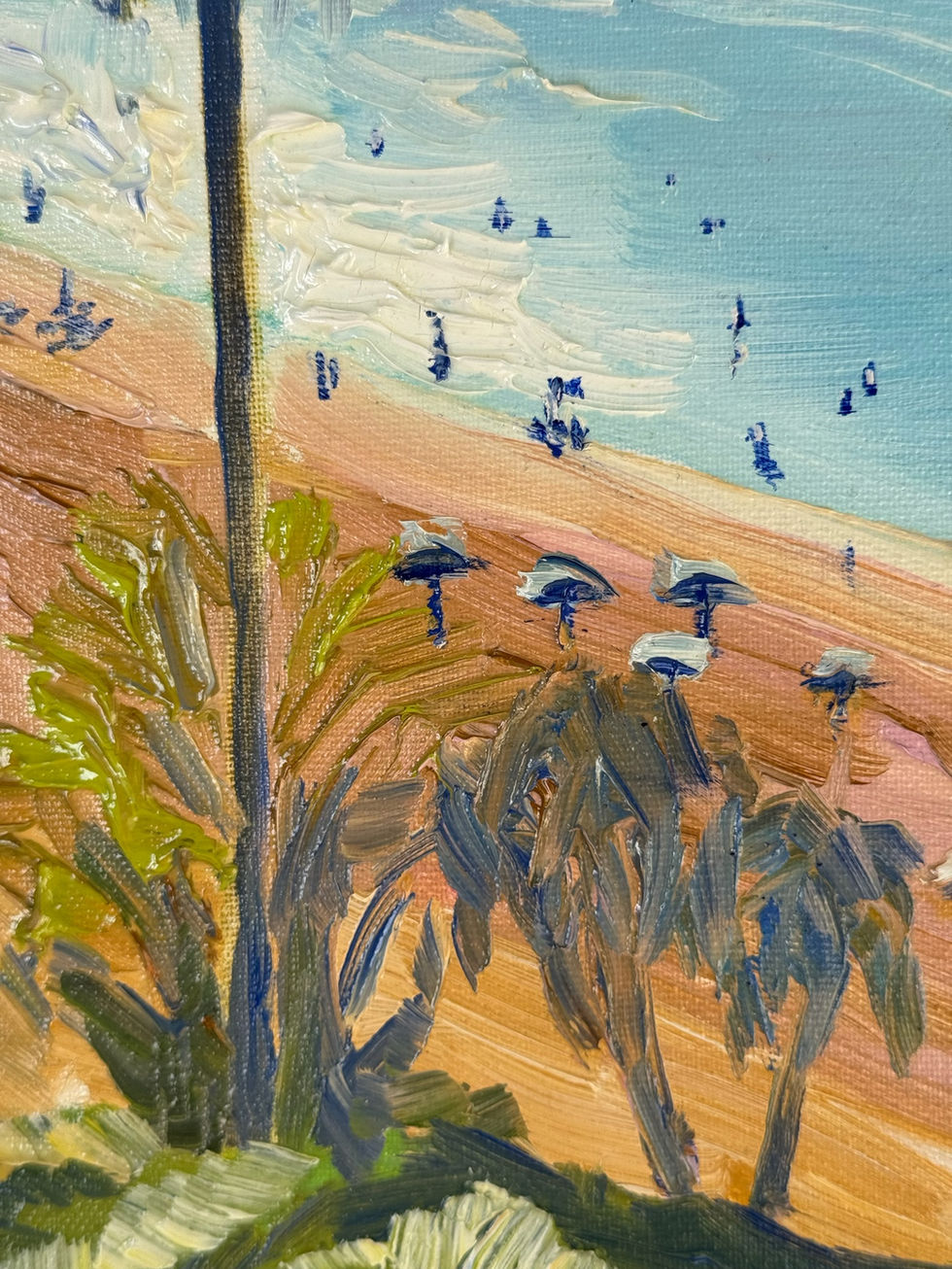 Post-Impressionist beach scene: Nerja, palm tree, ocean view. Buy Originals at repkaarts.com