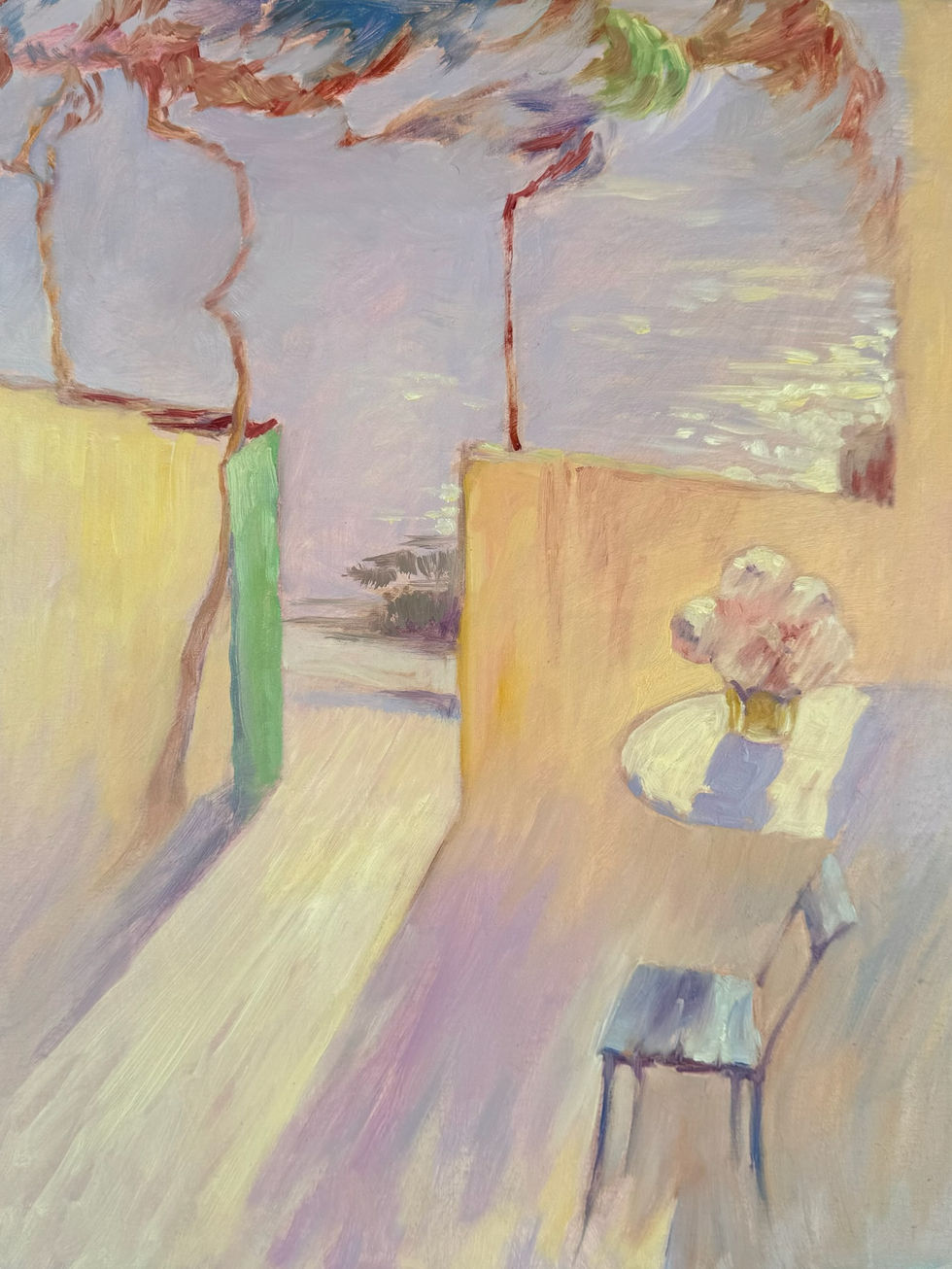 Impressionist summer scene: patio, flowers, ocean view. By Originals by Maryna Riepnova at repkaarts.com