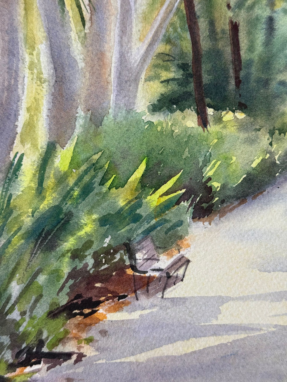 Selva: watercolour by M. Riepnova. 26x36cm painting of a lush, sun-dappled jungle path with palm trees & foliage.