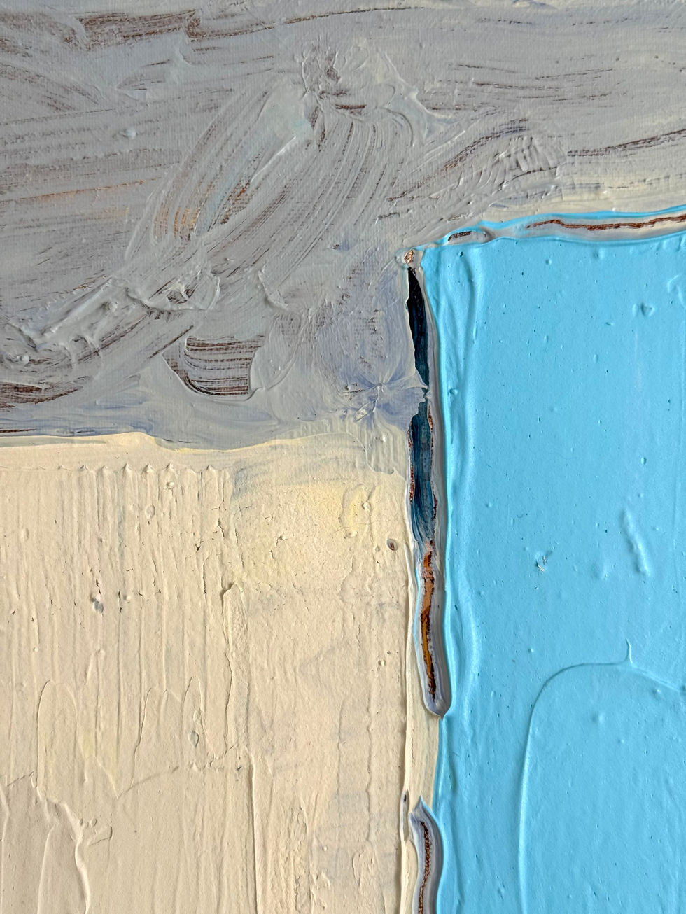 Blue shift: abstract acrylic by M. Riepnova. 33x41cm canvas with geometric textured yellow & smooth blue blocks.