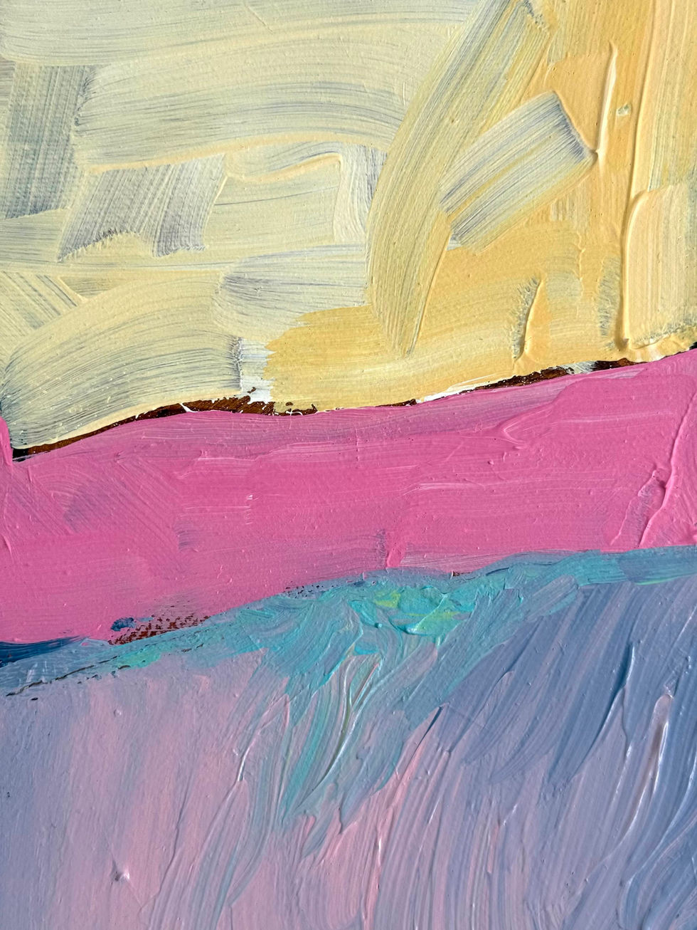 Heartland hues: abstract acrylic by M. Riepnova. Canvas, 30x40cm, with layered yellow, pink, blue & ochre forms.