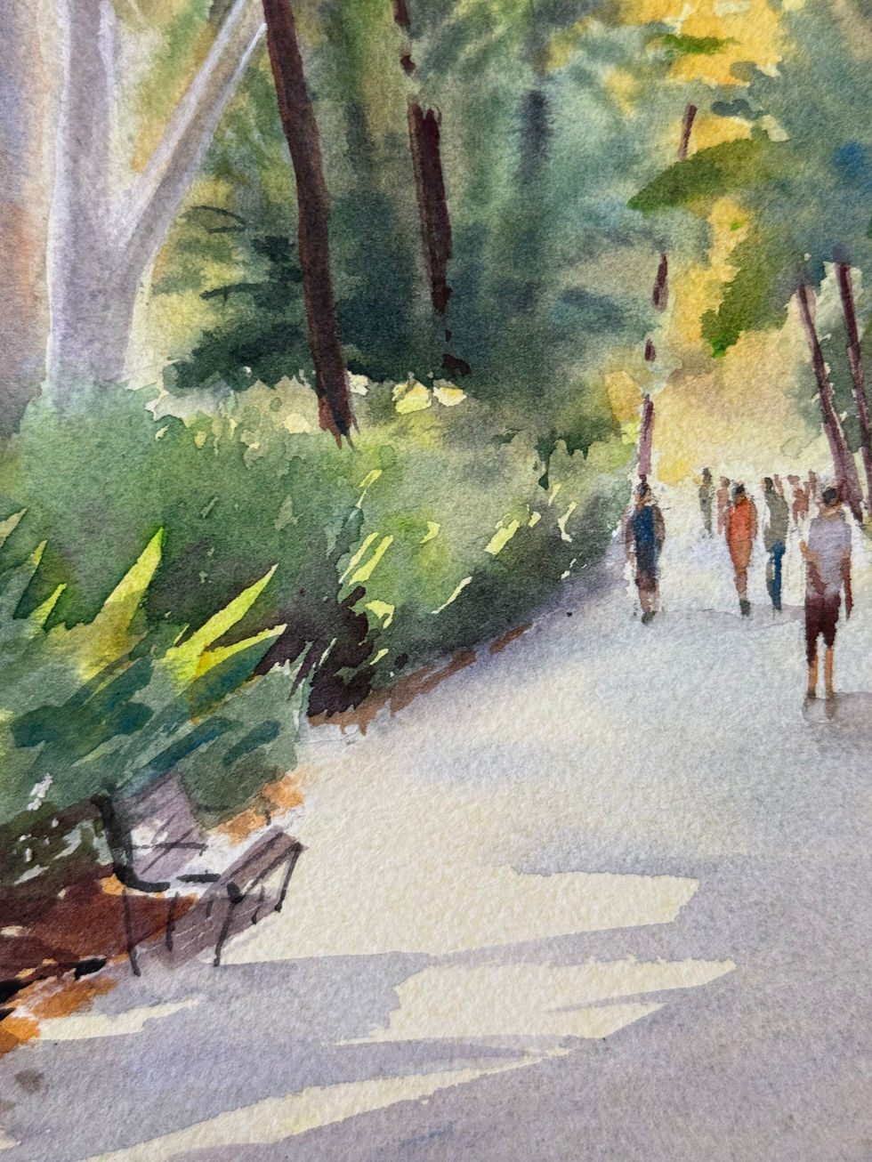Selva: watercolour by M. Riepnova. 26x36cm painting of a lush, sun-dappled jungle path with palm trees & foliage.