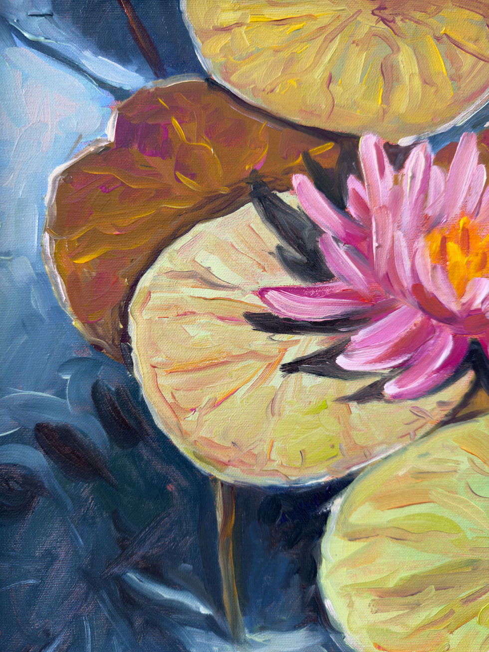 Vibrant pink water lily blooms amidst lush green lily pads in this original oil painting titled "Lilies". A serene pond scene