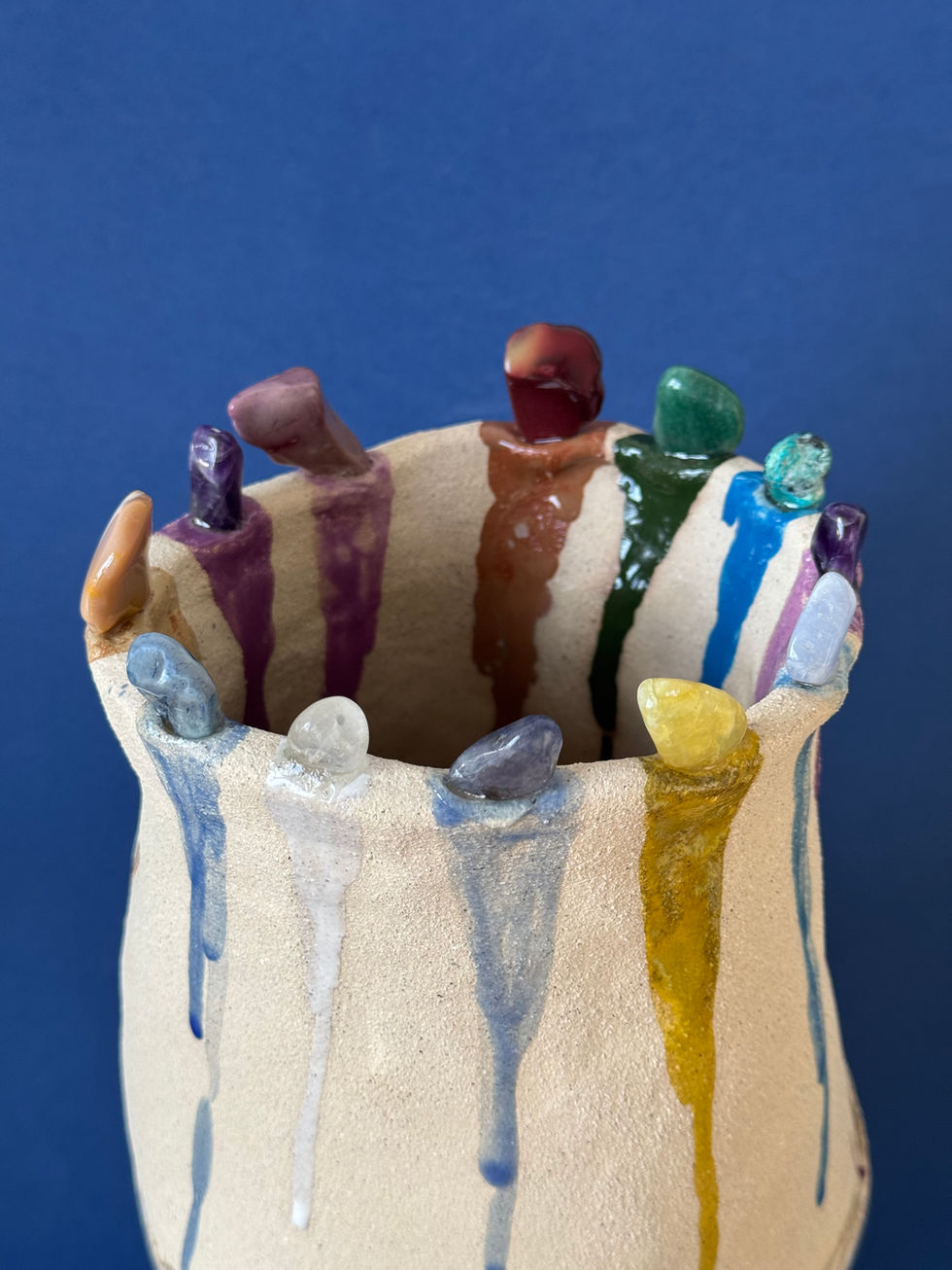 Hand-sculpted ceramic vase with precious stones and paintings, ancient style, mystical, fait-maison. Buy Ceramics Repka Arts.