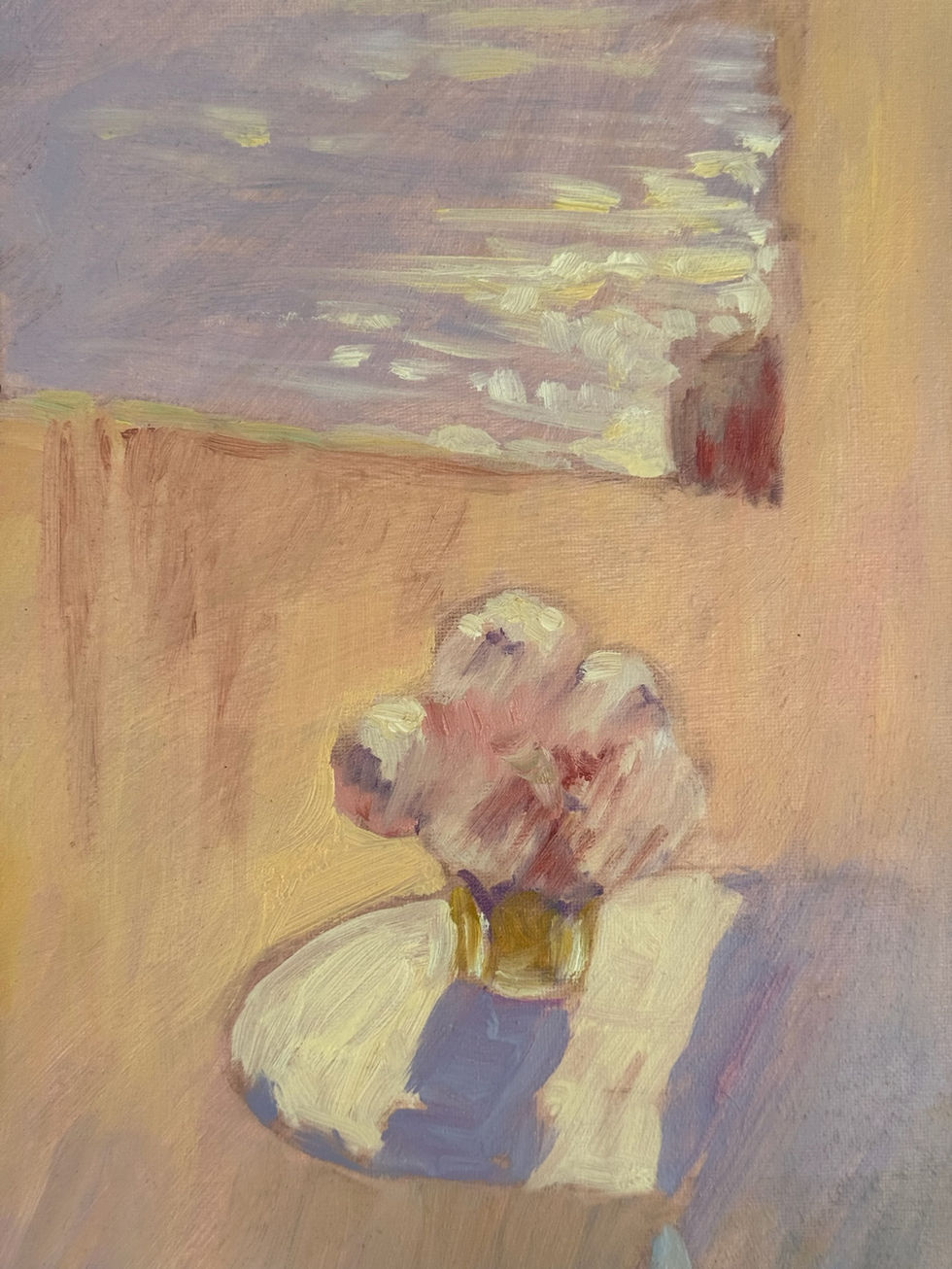 Impressionist summer scene: patio, flowers, ocean view. By Originals by Maryna Riepnova at repkaarts.com