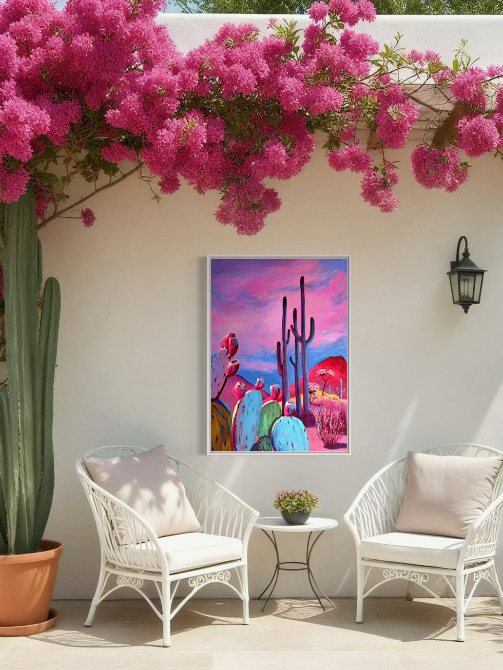 Vibrant Fauvist painting "Amanecer en el desierto" of a desert sunrise with tall cacti.