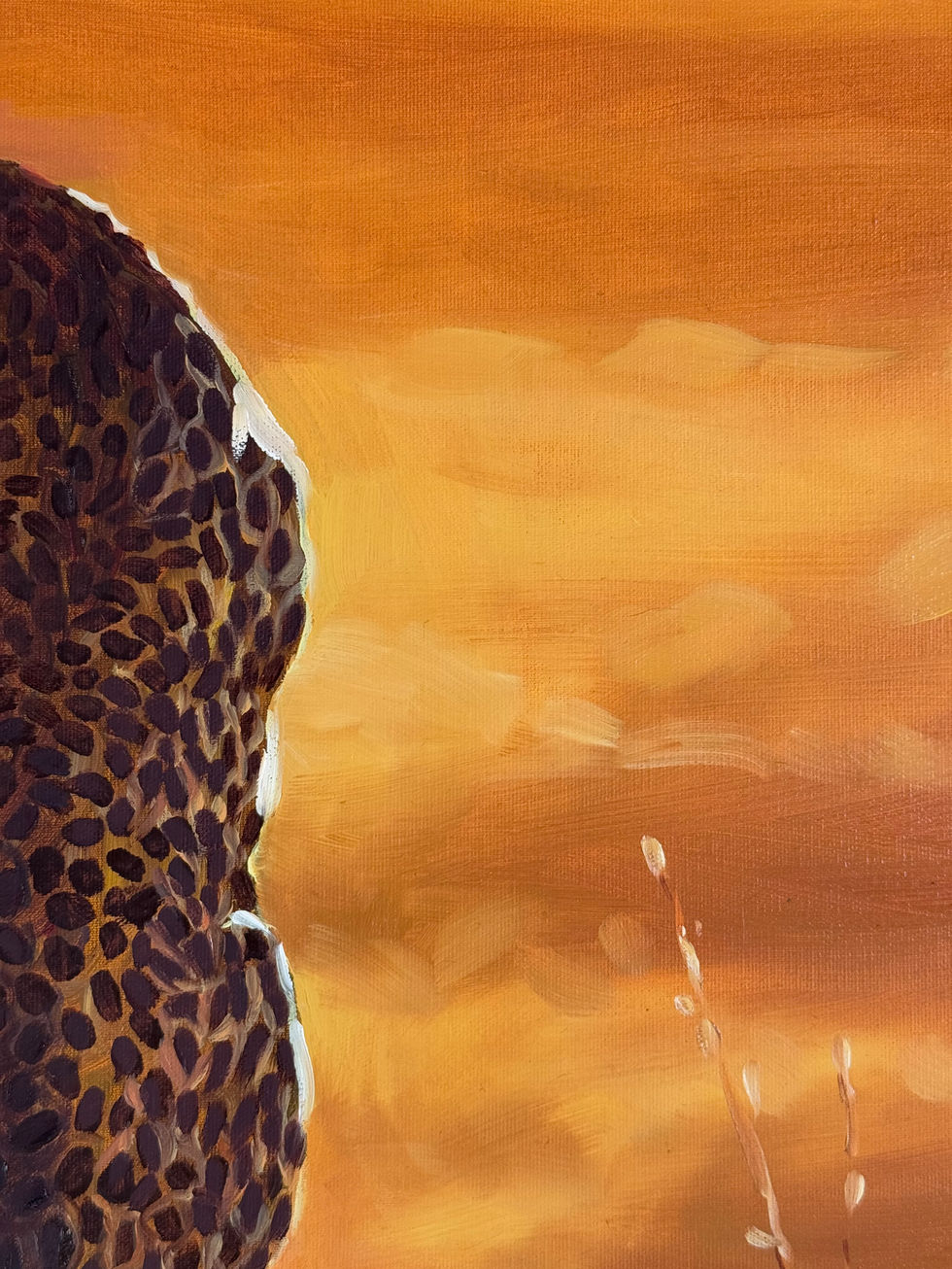 Oil painting of a cheetah sitting on a rock against a warm, orange sunset.