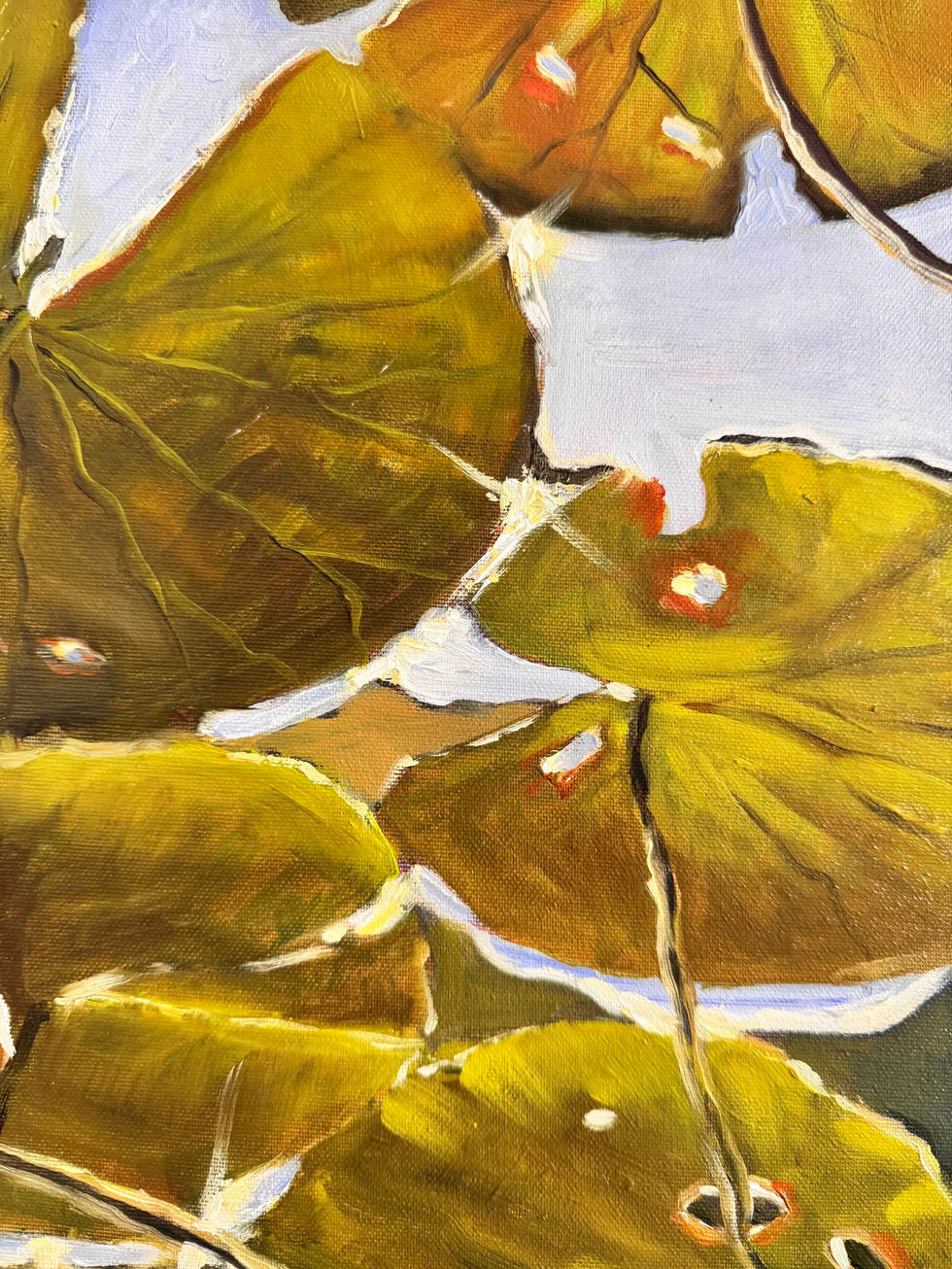 Underwater oil painting of lily pads, sunlight filtering through leaves.