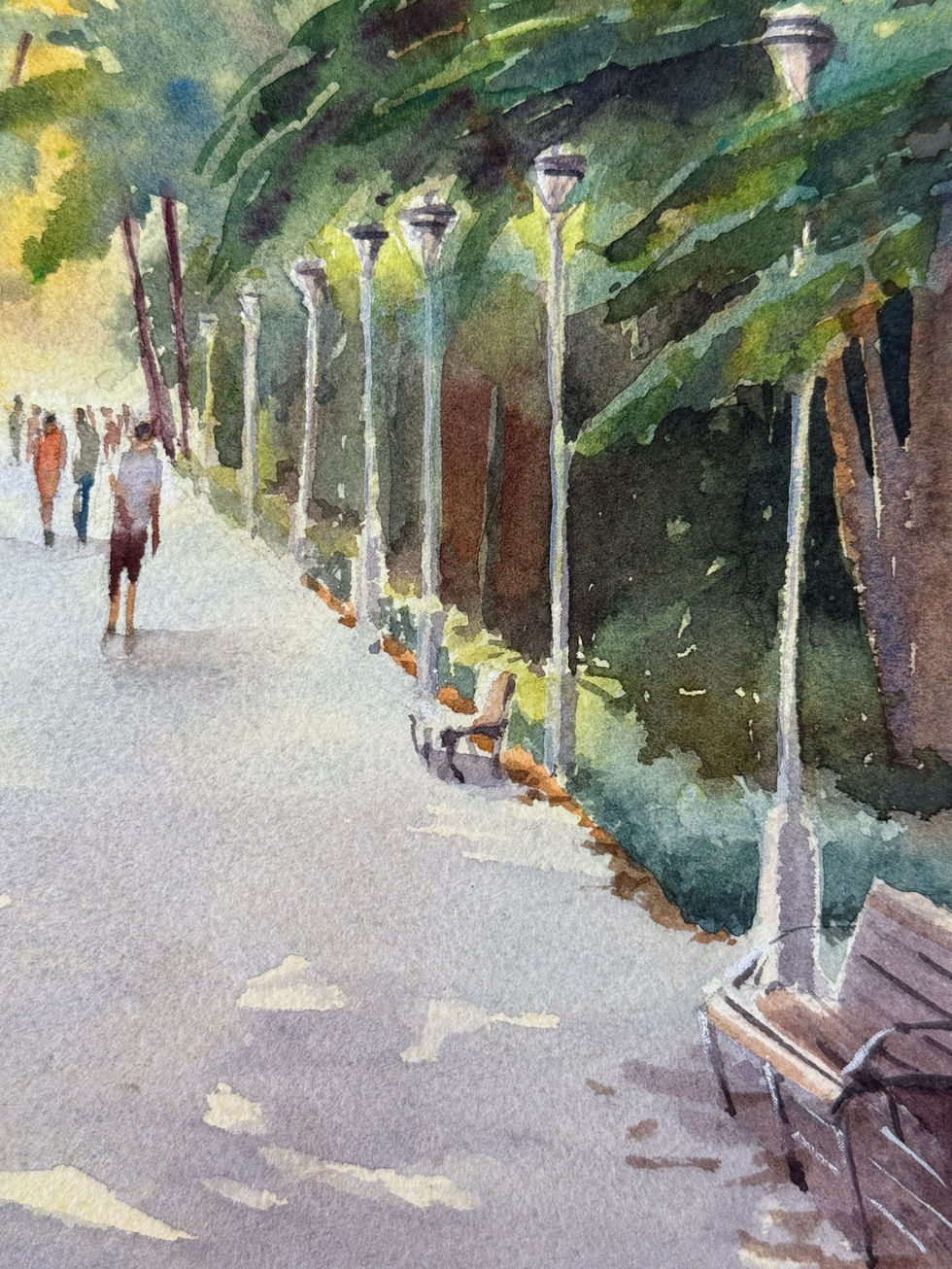 Selva: watercolour by M. Riepnova. 26x36cm painting of a lush, sun-dappled jungle path with palm trees & foliage.