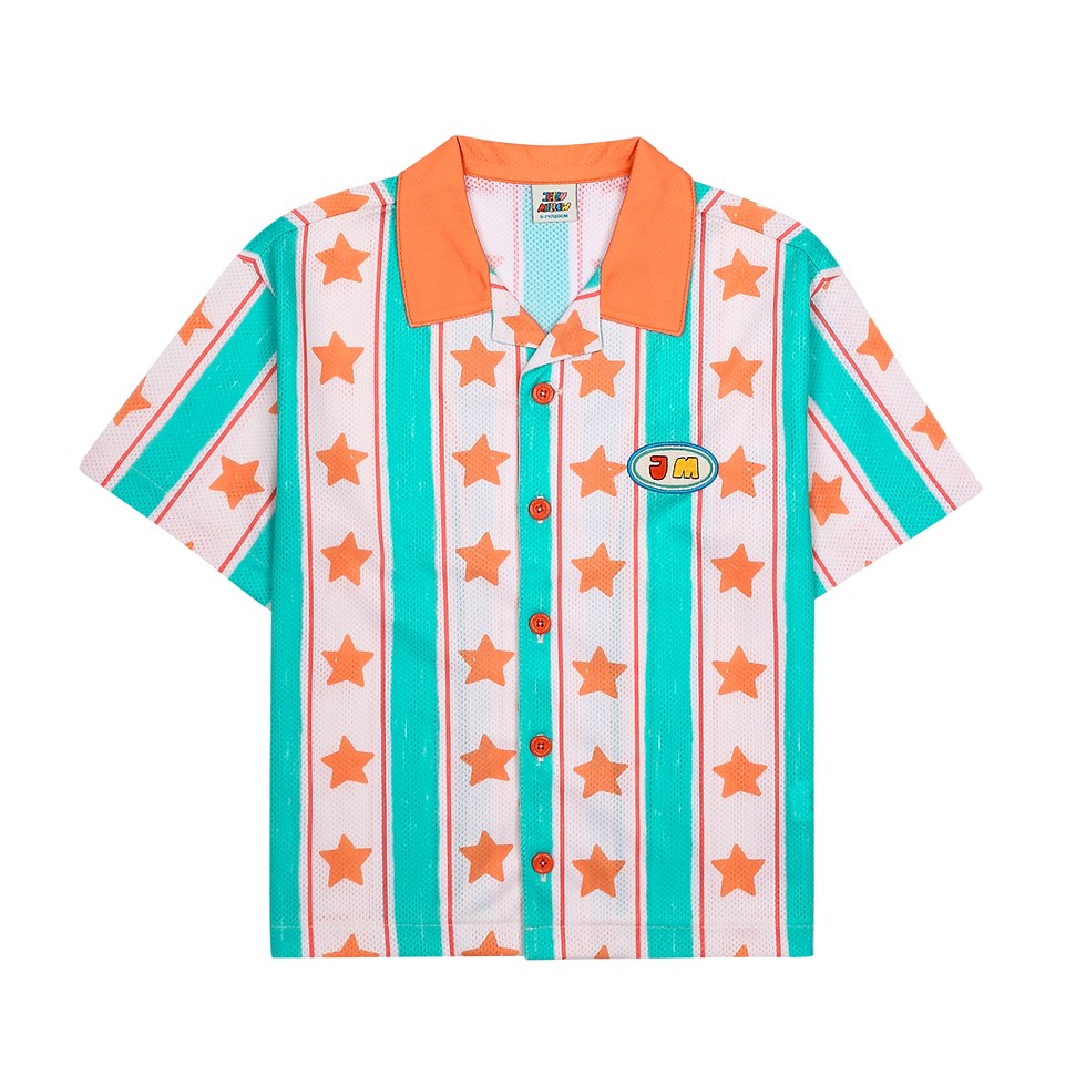Children’s short-sleeve button-up shirt with an orange collar, featuring vertical teal and white stripes with orange star pri