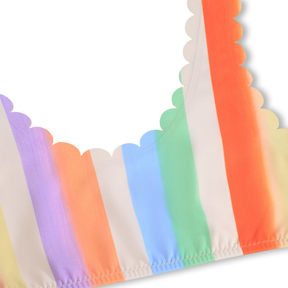 Close-up of the bikini top showing scalloped trim and multicolored stripe pattern.