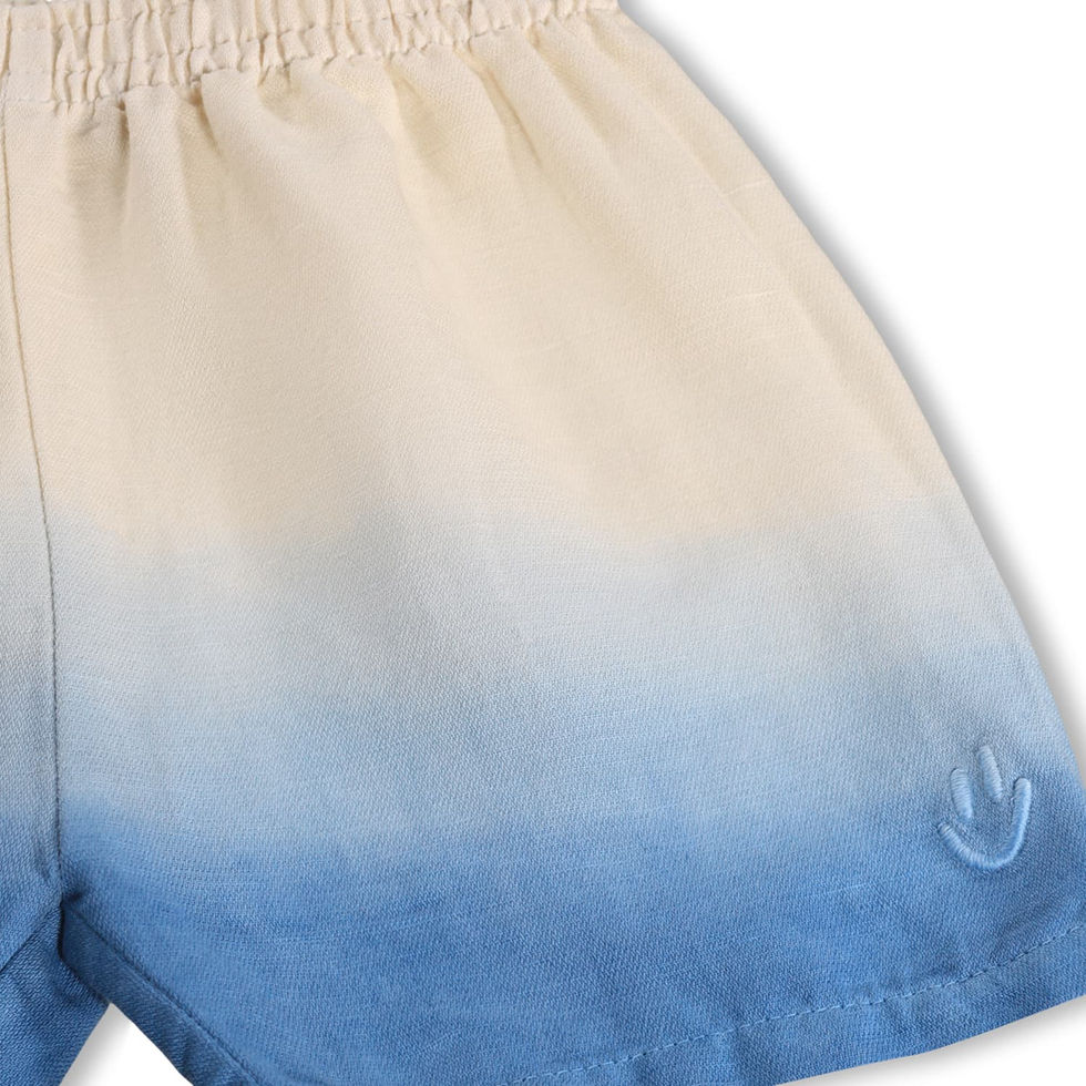 Close-up of the shorts showing gradient detail and small embroidered logo.