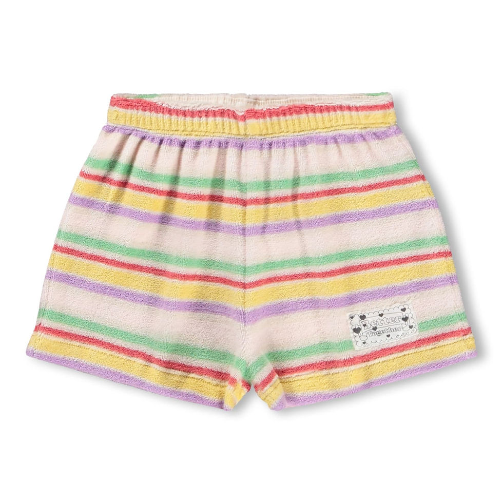 Children’s shorts with soft fabric and multicolored horizontal stripes, featuring an elastic waistband.