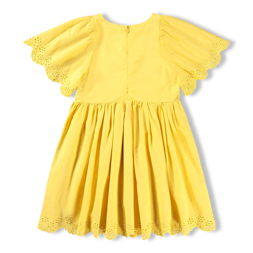 Back view of the yellow dress showing ruffled sleeves and gathered skirt.