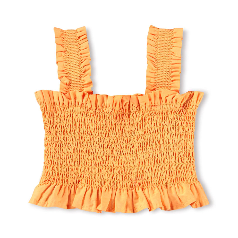 Front view of the orange smocked top on a plain background.
