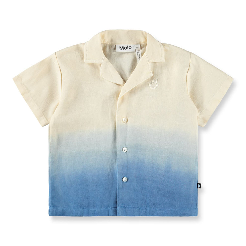 Children’s short-sleeve button-up shirt with a gradient fade from cream to blue.