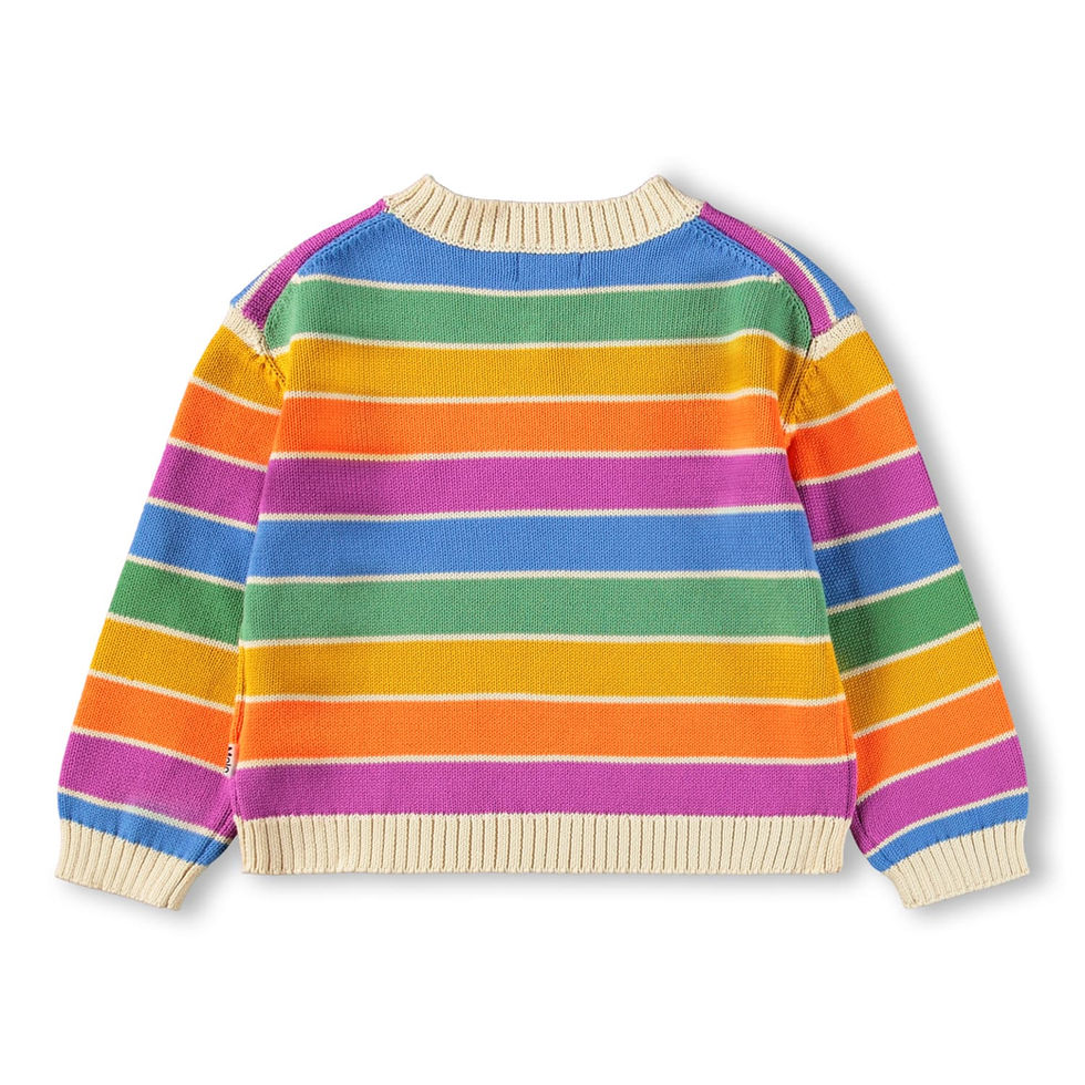 Back view of the striped knitted sweater with ribbed trim.