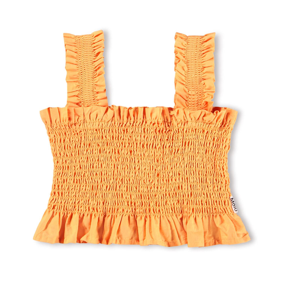 Orange children’s sleeveless smocked top with wide straps and ruffled hem.