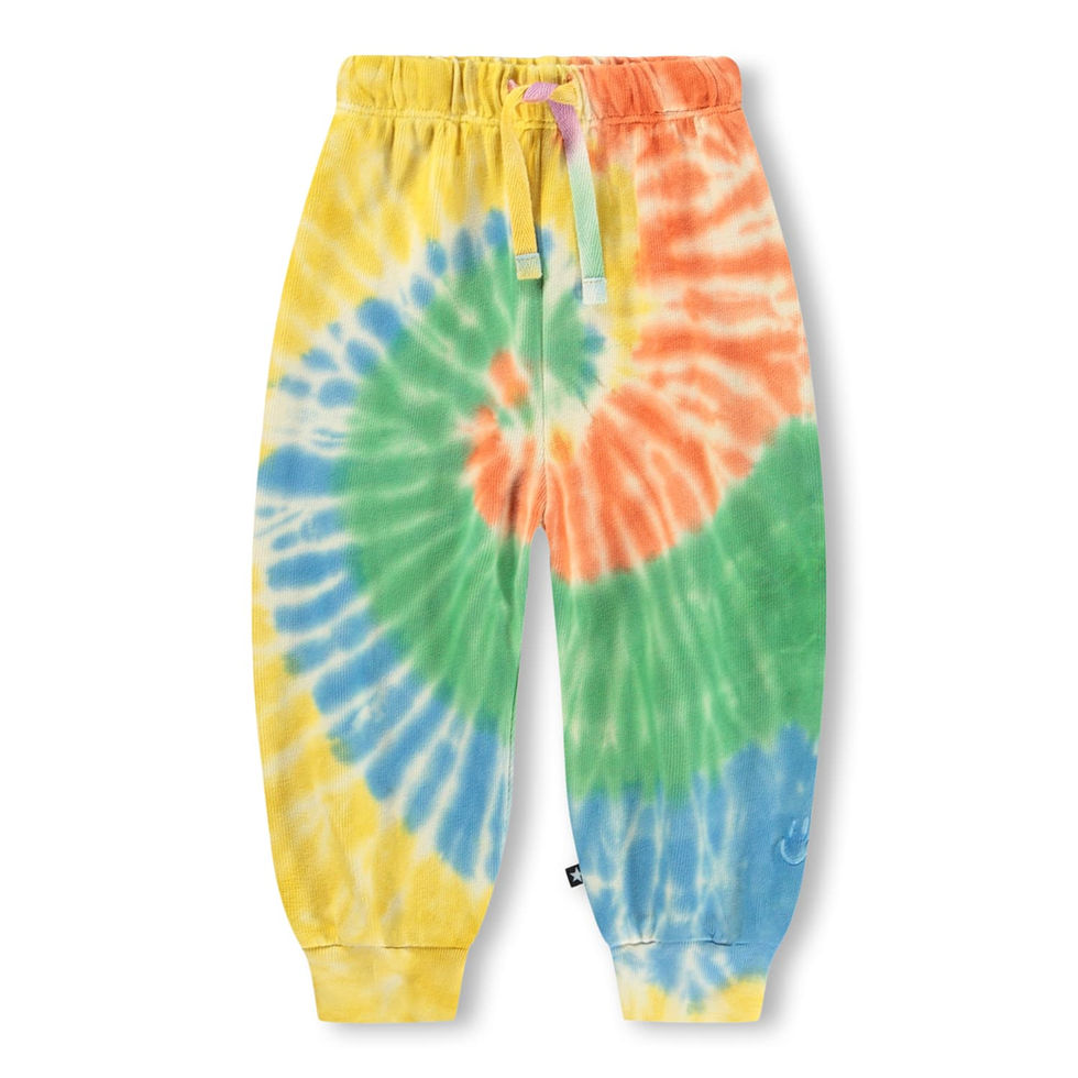 Children’s jogger pants with a multicolored tie-dye spiral pattern and elastic waistband with drawstring.