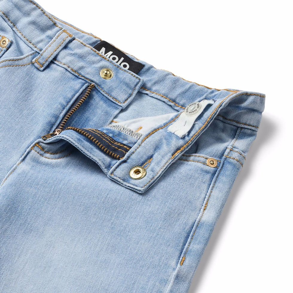Close-up of the jeans showing waistband, button, and front pocket detail.