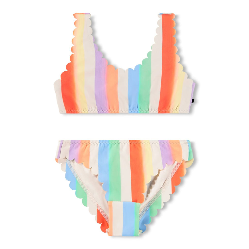 Children’s two-piece bikini with multicolored vertical stripes and scalloped edges.