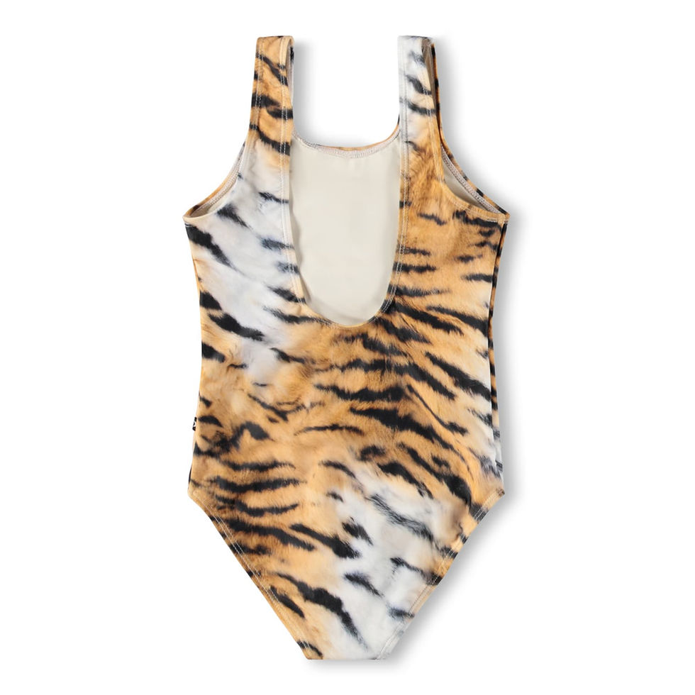 Back view of the tiger-print swimsuit with a scoop back design.