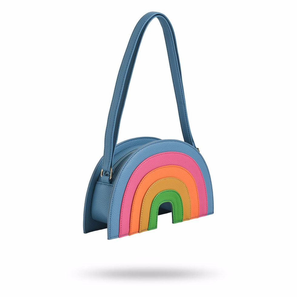 Blue children’s shoulder bag with a rainbow-shaped front design and curved silhouette.