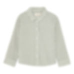 Light green and white striped children’s button-up shirt with long sleeves and a classic collar, displayed on a plain backgro