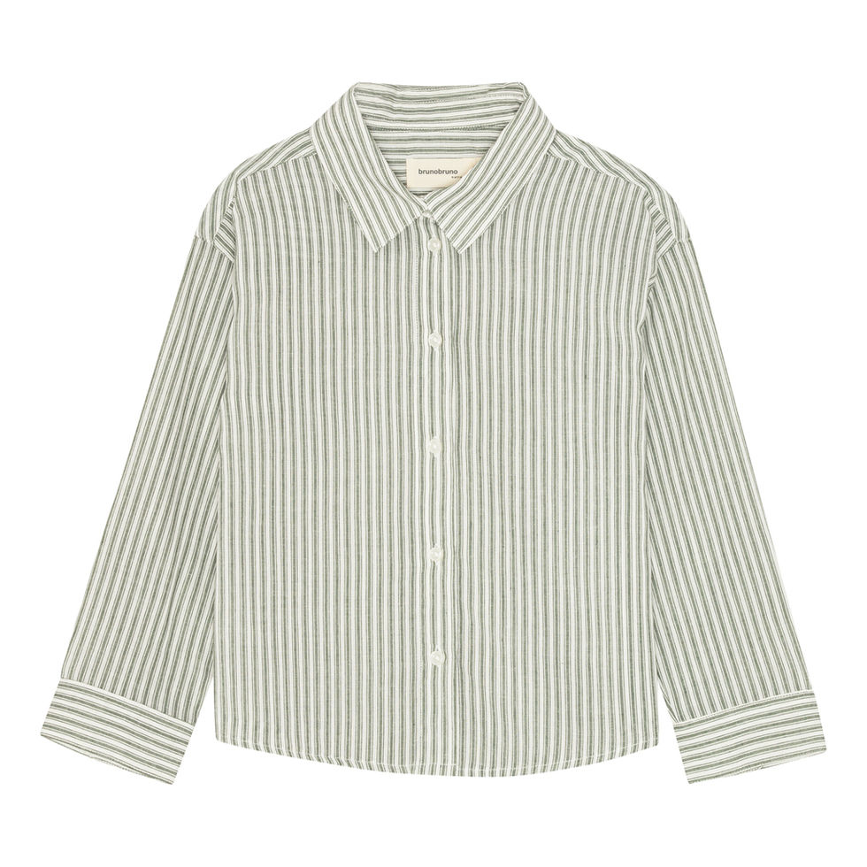 Light green and white striped children’s button-up shirt with long sleeves and a classic collar, displayed on a plain backgro